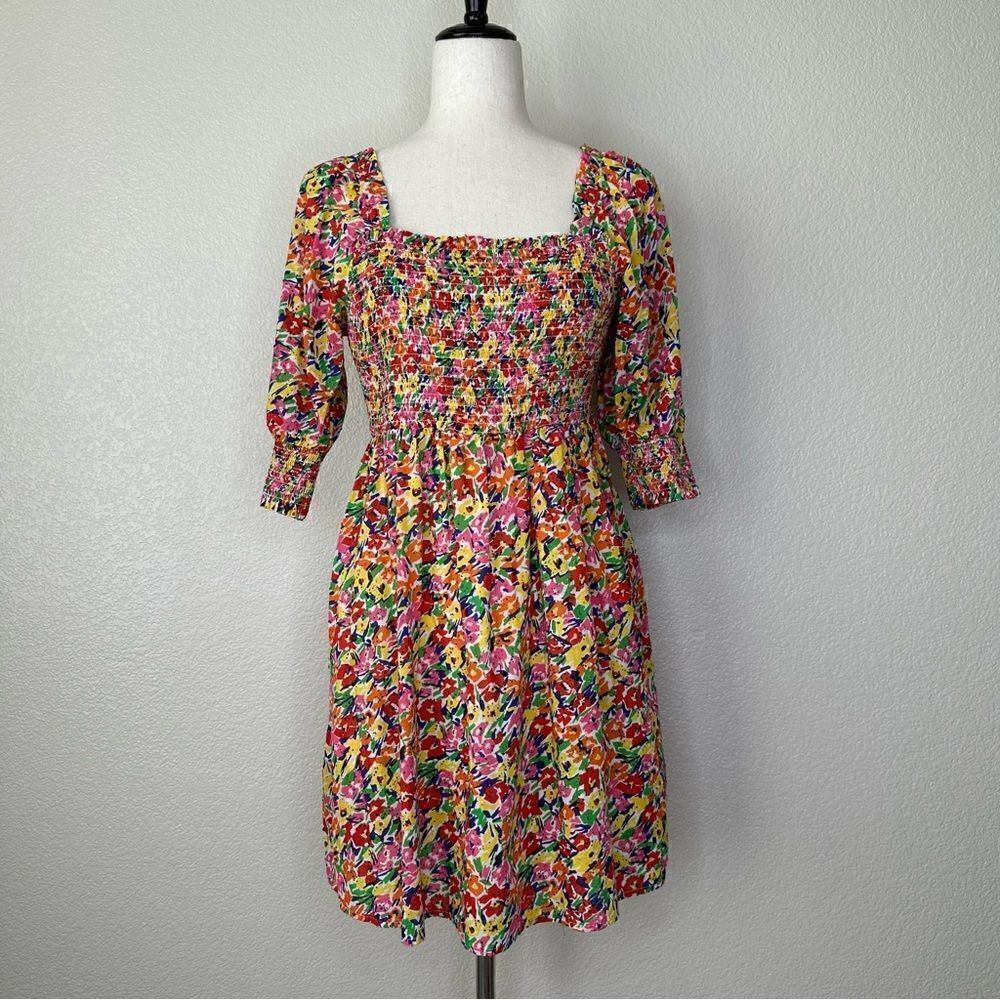 Rixo Target Rainbow Floral Puff Sleeves Smocked Mini Dress, Sz Small
